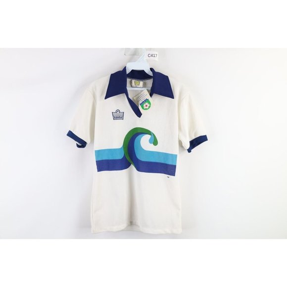 NOS Vintage 70s Mens Small Collared NASL California Surf Soccer Jersey White USA